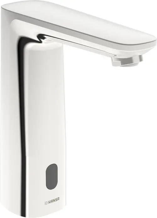 Weißer Waschbecken-Mischer von HANSA mit rechteckiger Form und einem Bedienhebel oben. Der Wasserhahn hat eine glatte, reflektierende Oberfläche und eine elektronische Funktion.
